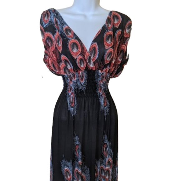 PEACOCK FEATHER Print Theme Maxi Dress Size XXL Fits Large - Picture 3 of 4